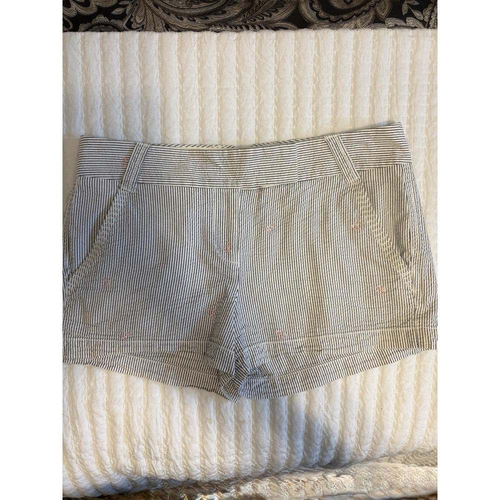 J Crew Woman's Blue And White Seersucker Striped Embroidered‎ Anchors Shorts, 6